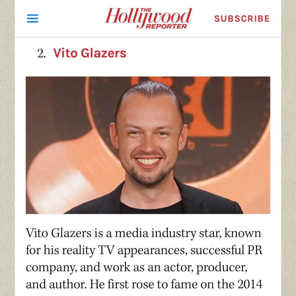 hollywood reporter logo with a photo of white male smiling and article text
